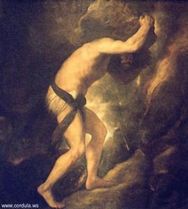 Titian's painting of Sisyphus pushing a boulder uphill